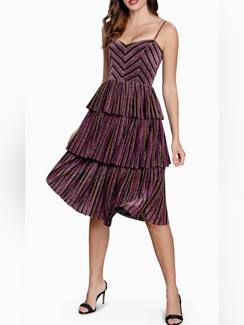 Dress the Population Kathy Glitter Tiered Dress, Pink / Gold / Black, Large